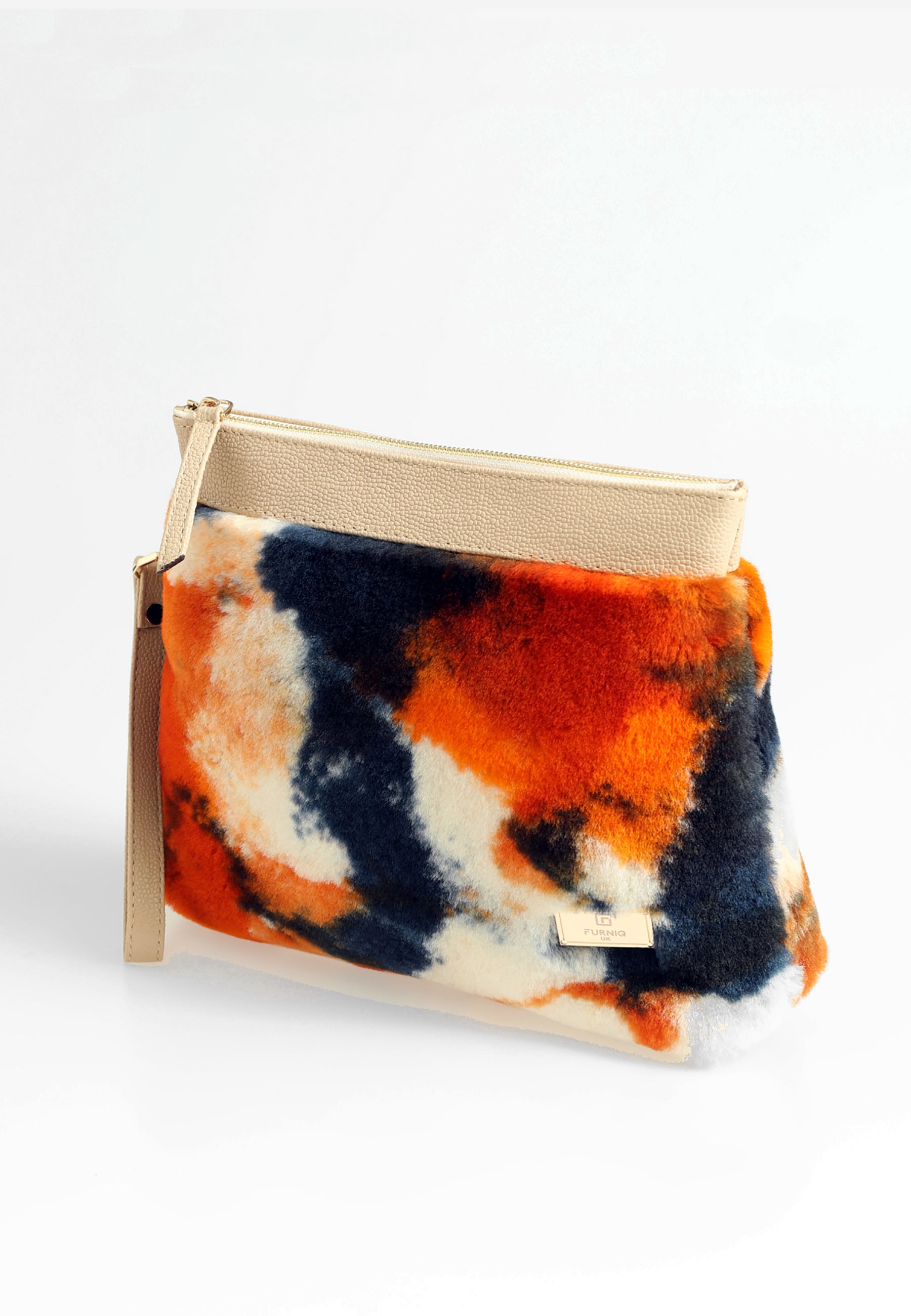 Women's Shearling Clutch Bag, Orange Multicolor Wool