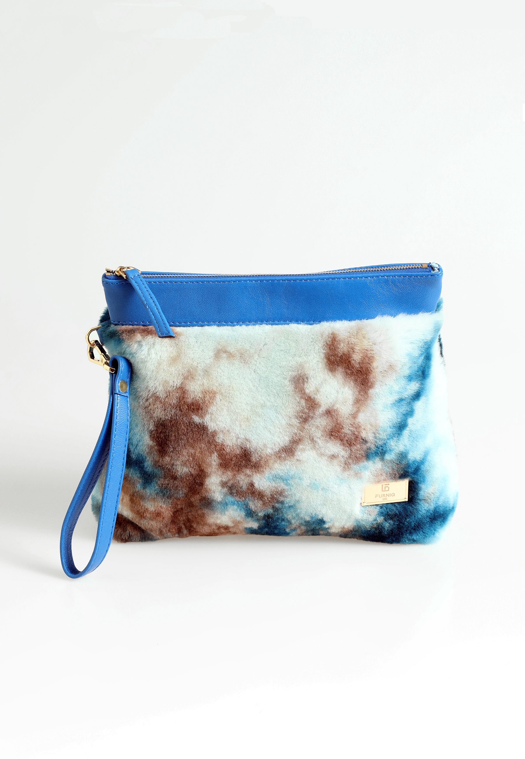 Women's Shearling Clutch Bag, Blue with Blue Multicolor Wool