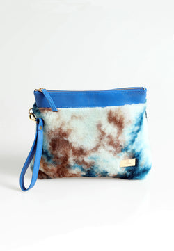 Image of Women's Shearling Clutch Bag, Blue with Blue Multicolor Wool