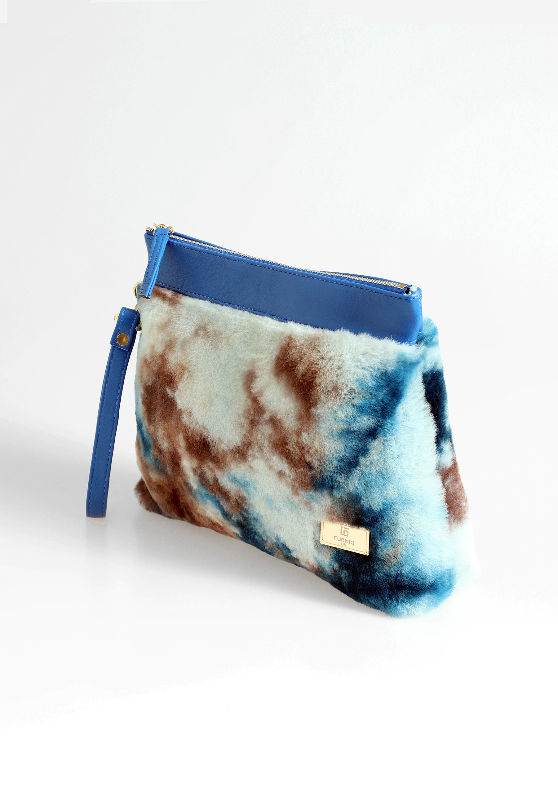 Women's Shearling Clutch Bag, Blue with Blue Multicolor Wool