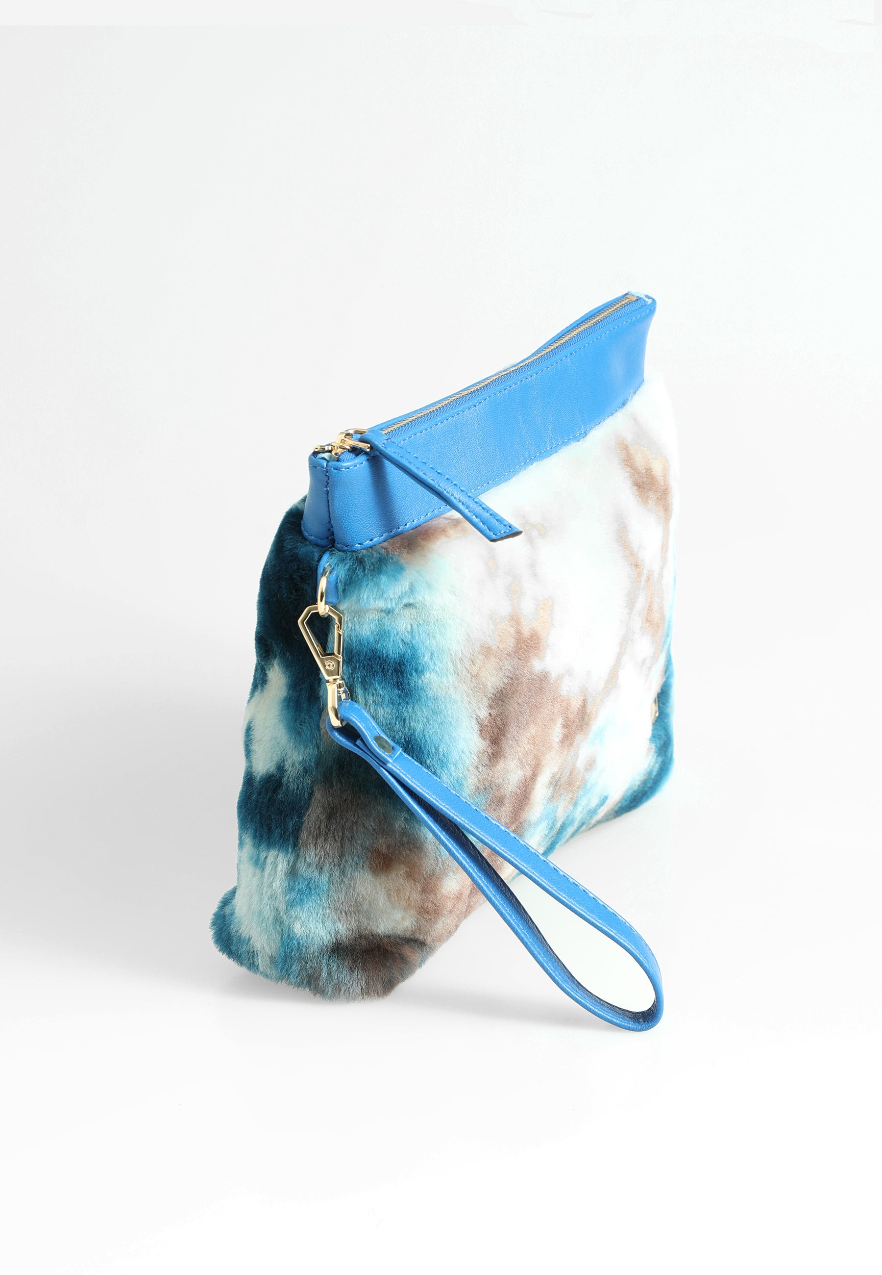 Women's Shearling Clutch Bag, Blue with Blue Multicolor Wool