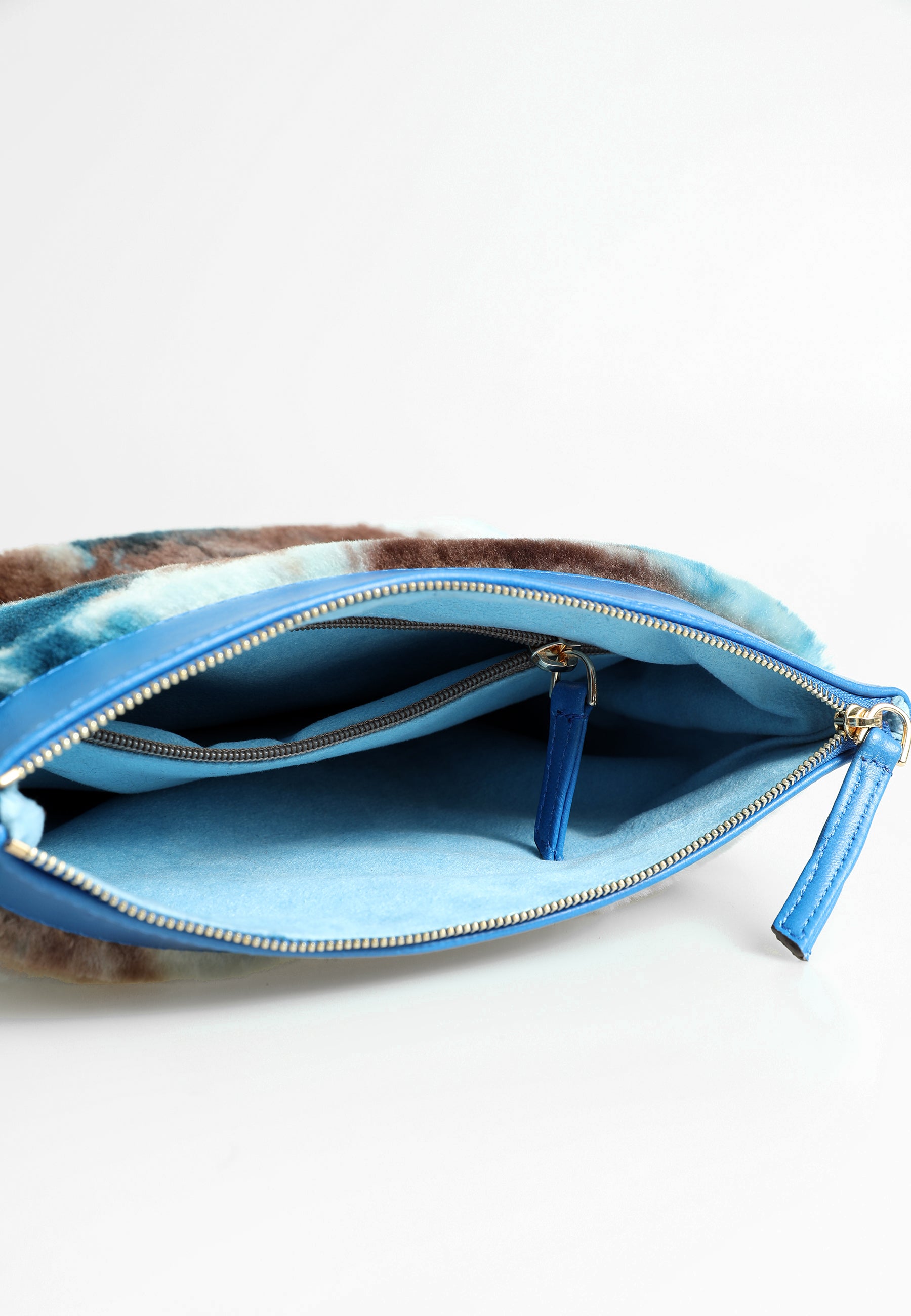 Women's Shearling Clutch Bag, Blue with Blue Multicolor Wool