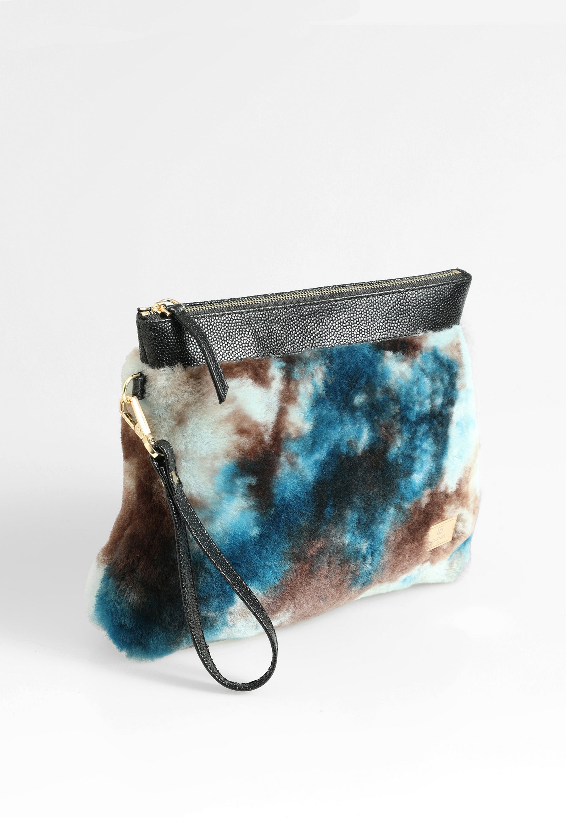 Women's Shearling Clutch Bag, Blue Multicolor Wool