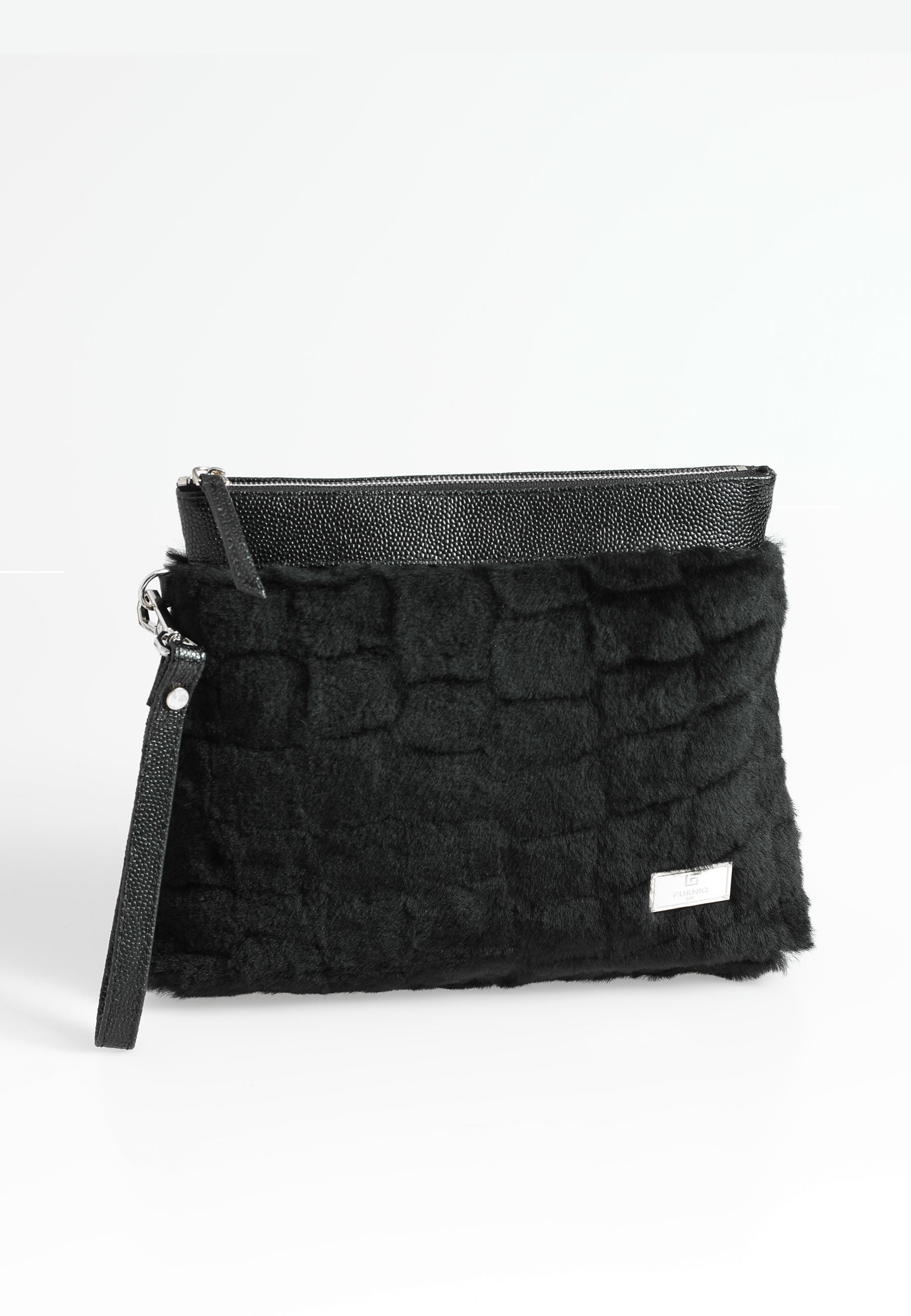 Women's Shearling Clutch Bag, Black Patterned Wool