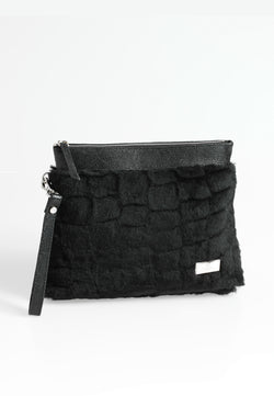 Image of Women's Shearling Clutch Bag, Black Patterned Wool