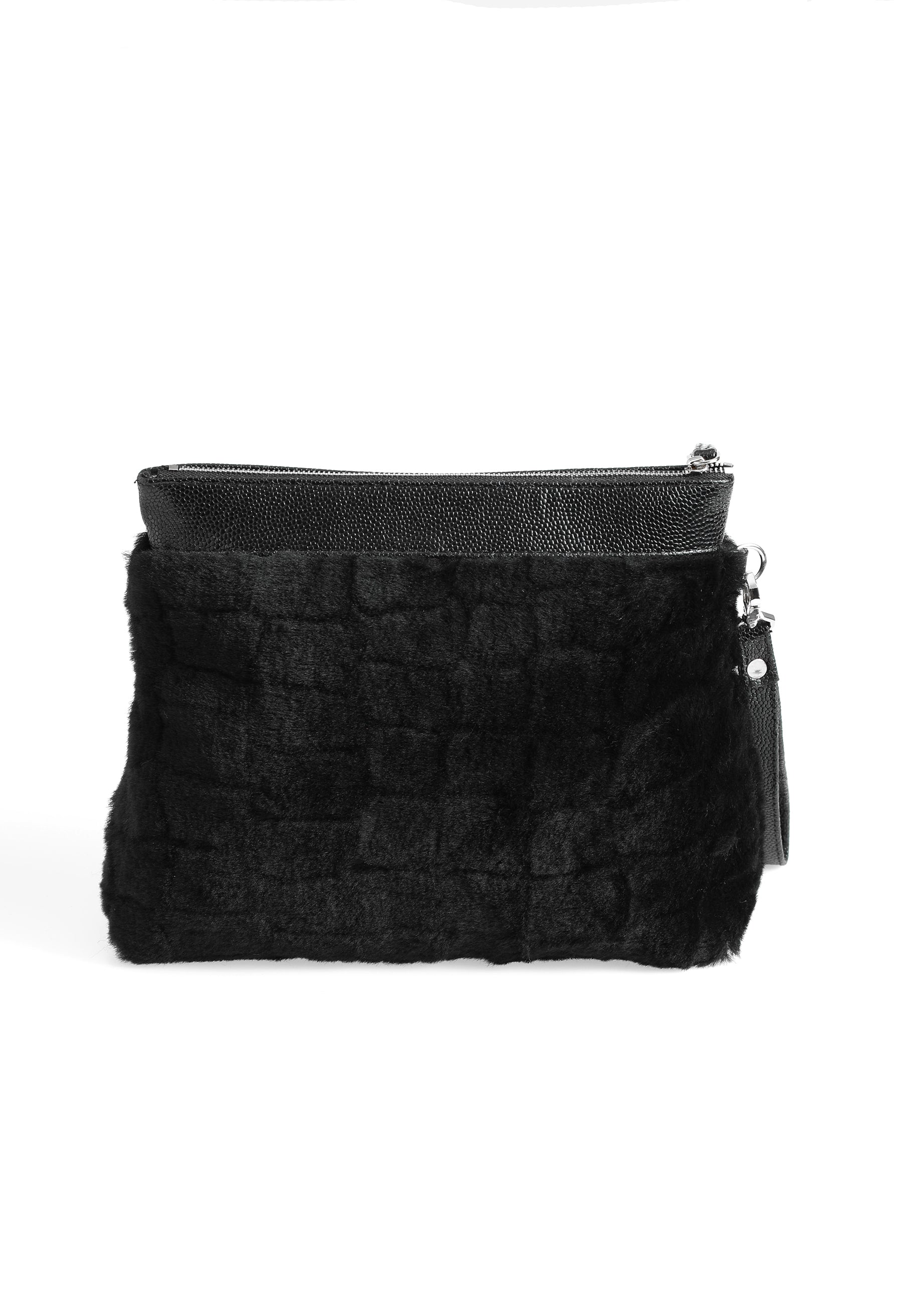 Women's Shearling Clutch Bag, Black Patterned Wool