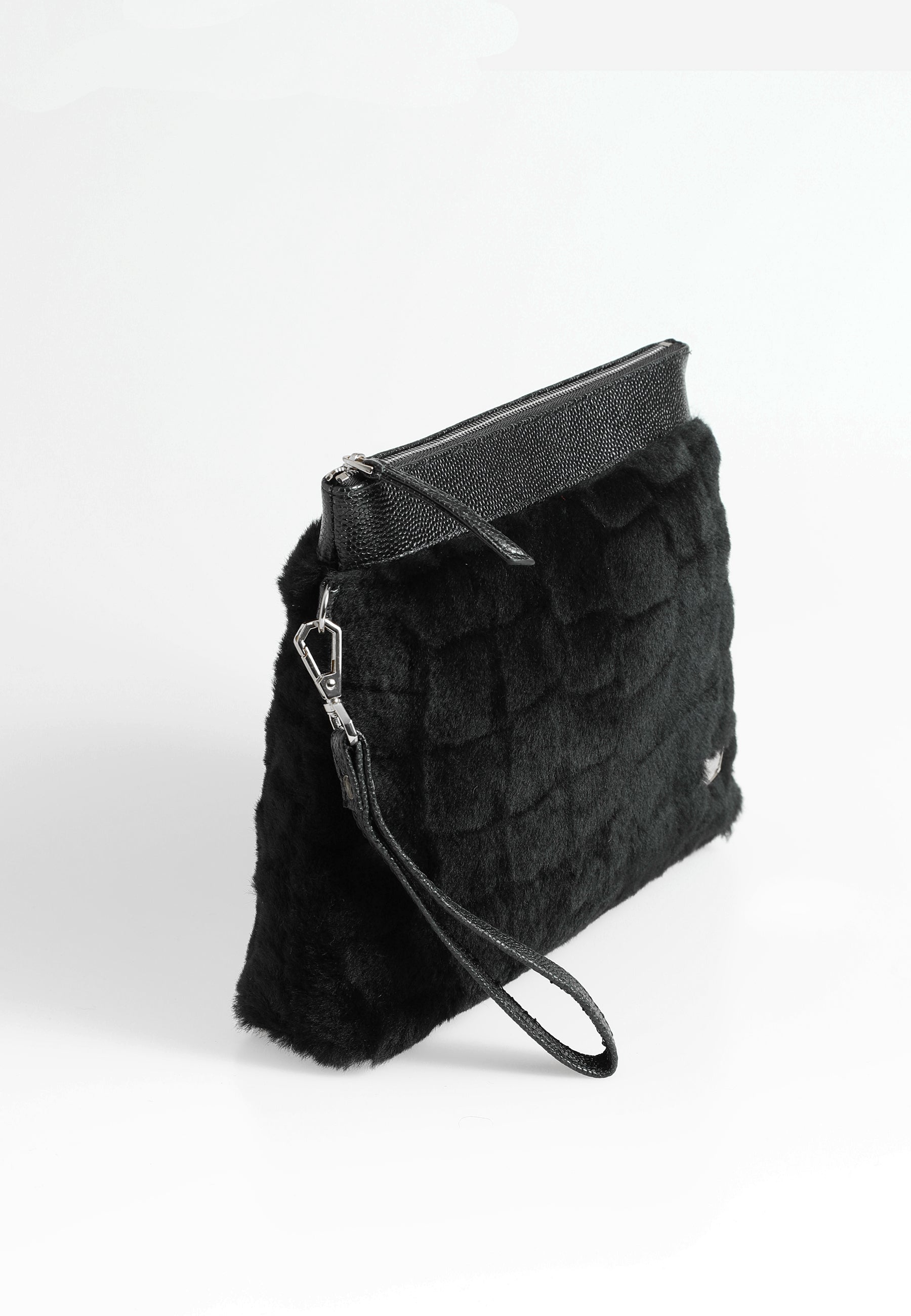 Women's Shearling Clutch Bag, Black Patterned Wool