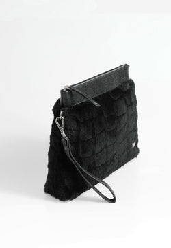 Image of Women's Shearling Clutch Bag, Black Patterned Wool