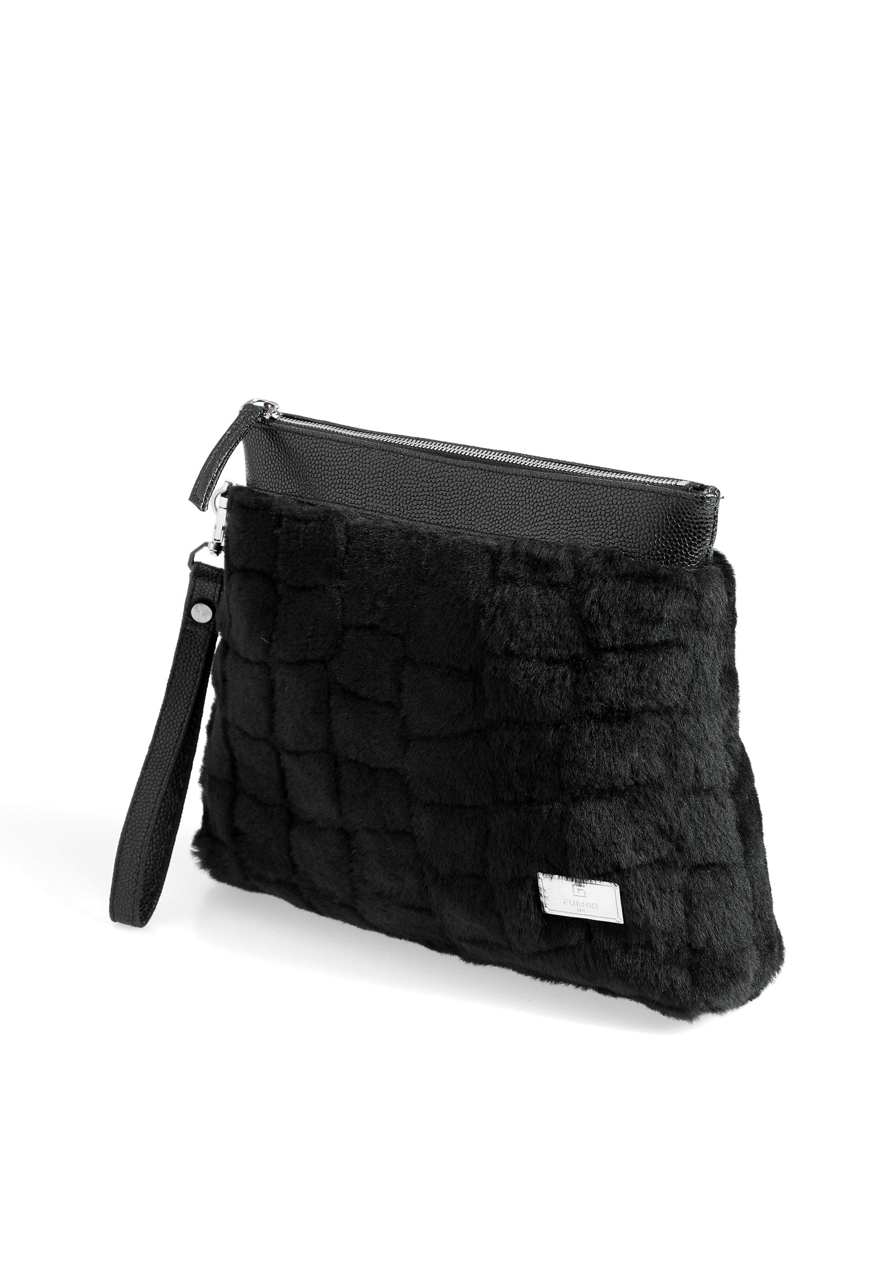 Women's Shearling Clutch Bag, Black Patterned Wool