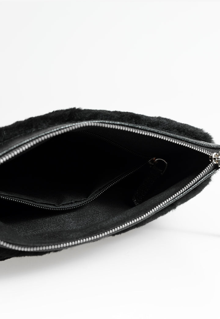 Women's Shearling Clutch Bag, Black Patterned Wool