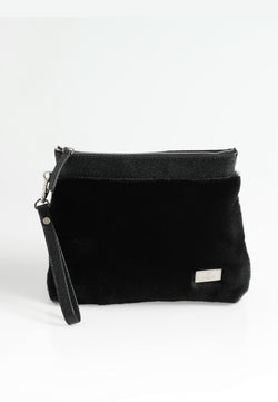 Image of Women's Shearling Clutch Bag, Black Wool