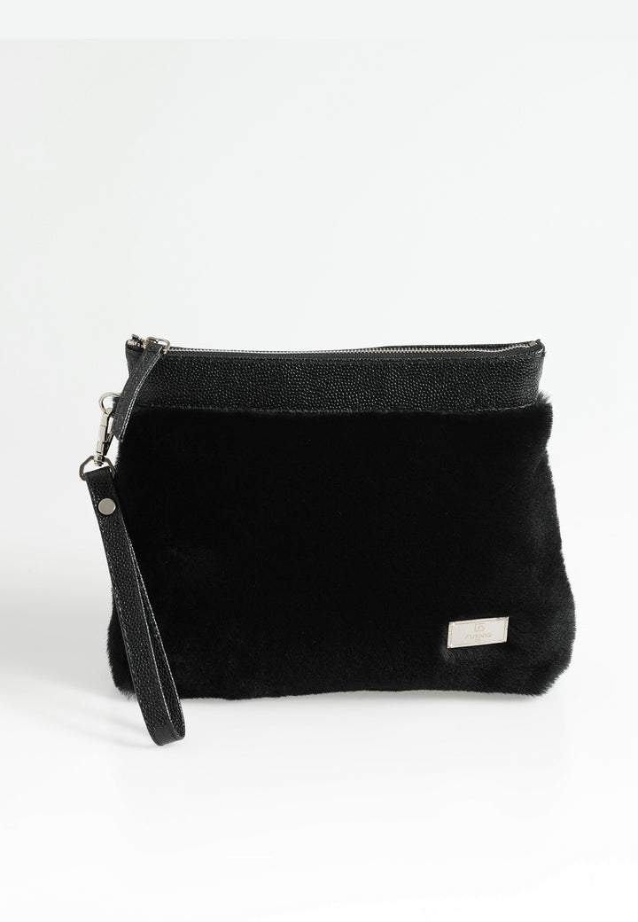 Women's Shearling Clutch Bag, Black Wool