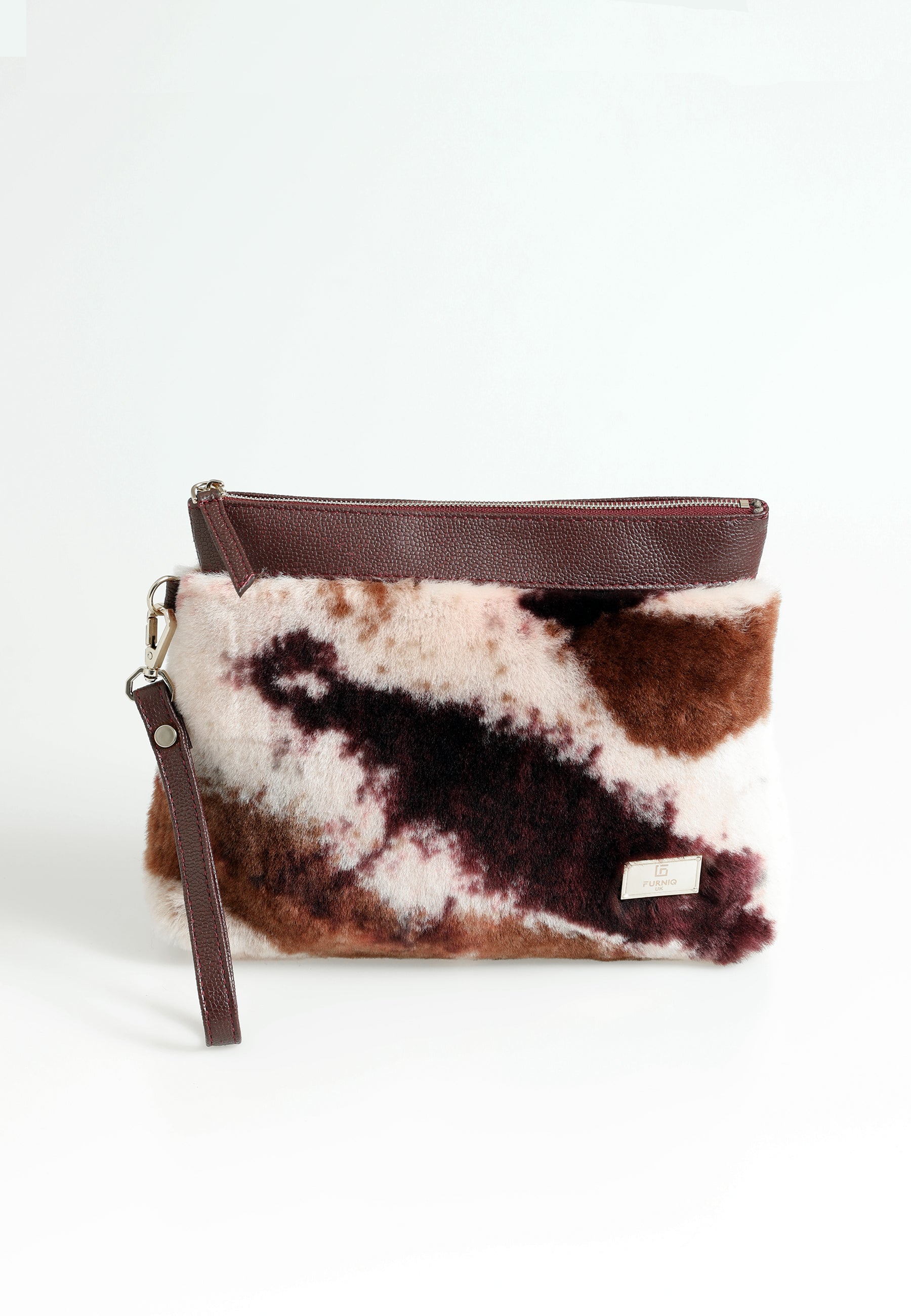 Women's Shearling Clutch Bag, Burgundy with Brown Multicolor Wool