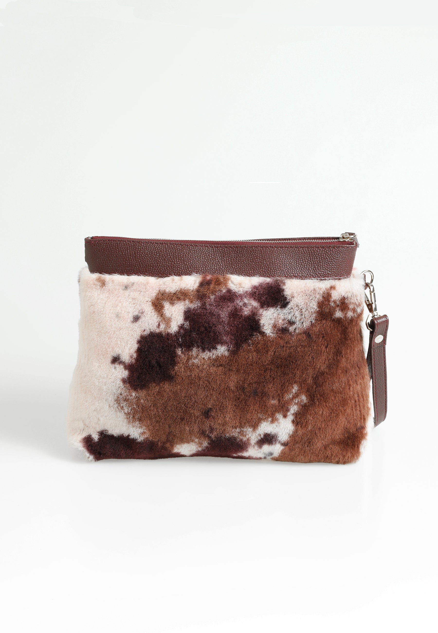 Women's Shearling Clutch Bag, Burgundy with Brown Multicolor Wool