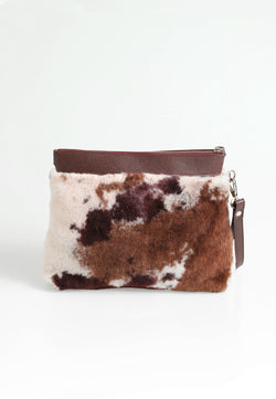 Image of Women's Shearling Clutch Bag, Burgundy with Brown Multicolor Wool