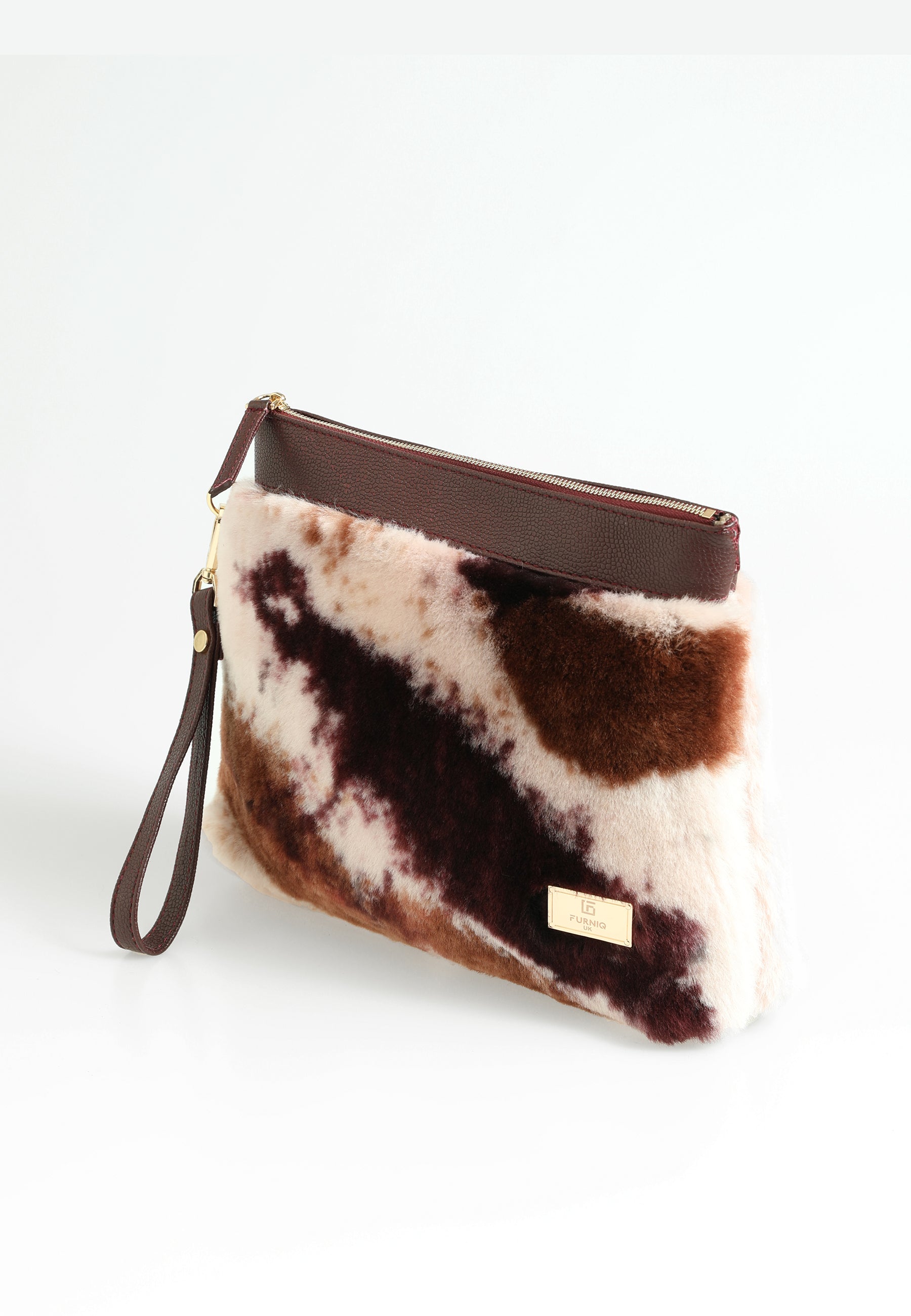 Women's Shearling Clutch Bag, Burgundy with Brown Multicolor Wool