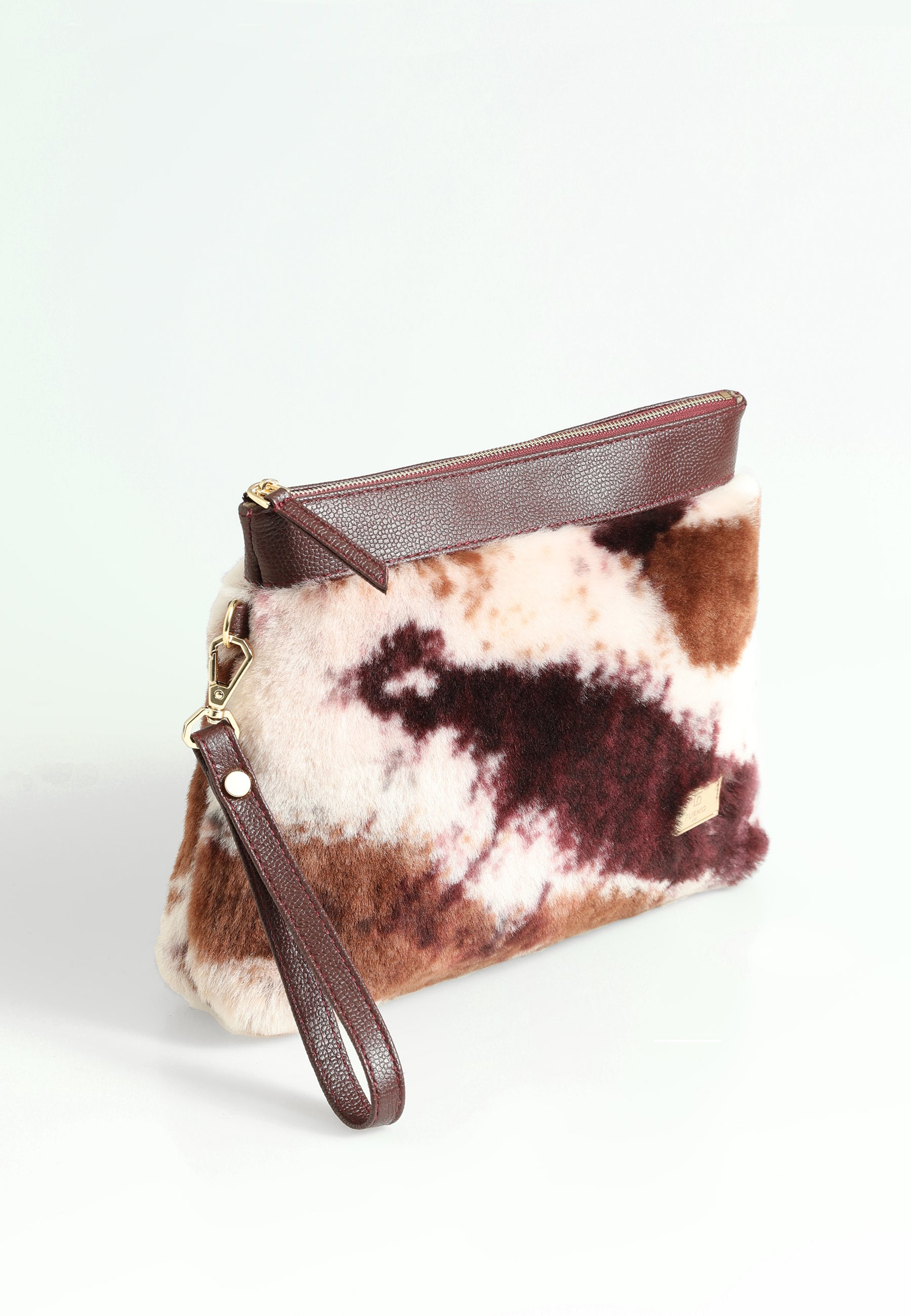 Women's Shearling Clutch Bag, Burgundy with Brown Multicolor Wool