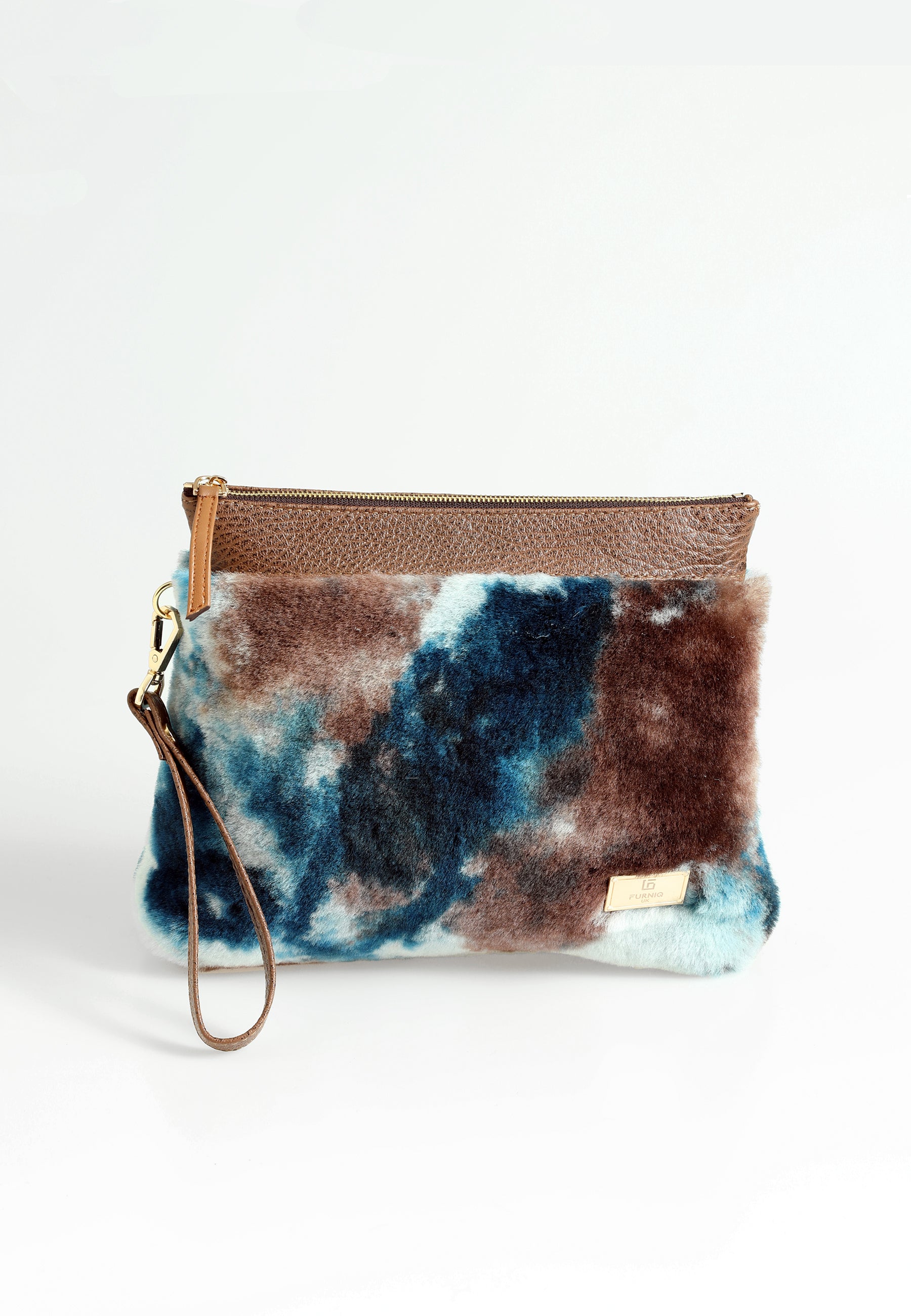 Women's Shearling Clutch Bag, Brown with Blue Multicolor Wool