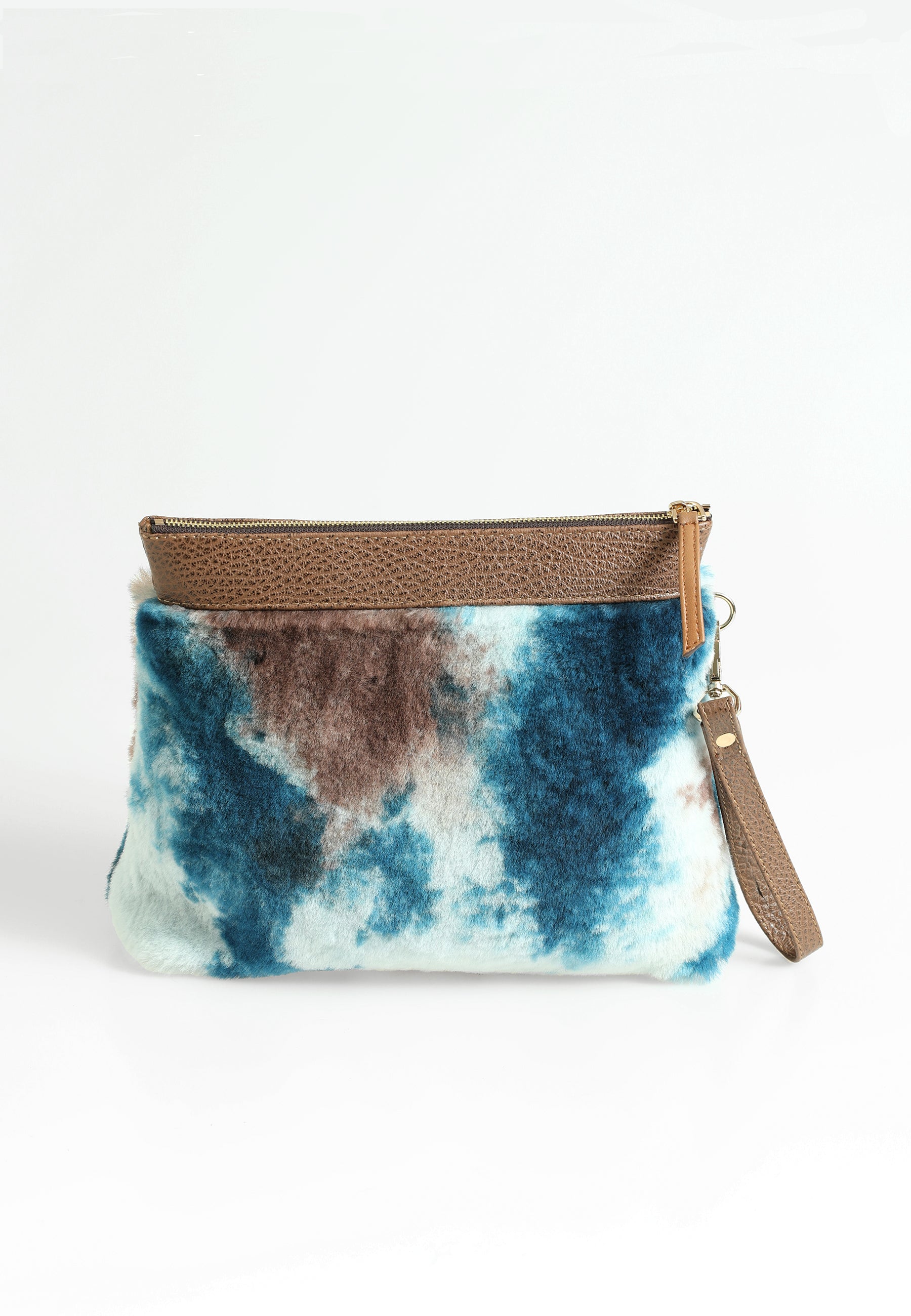 Women's Shearling Clutch Bag, Brown with Blue Multicolor Wool