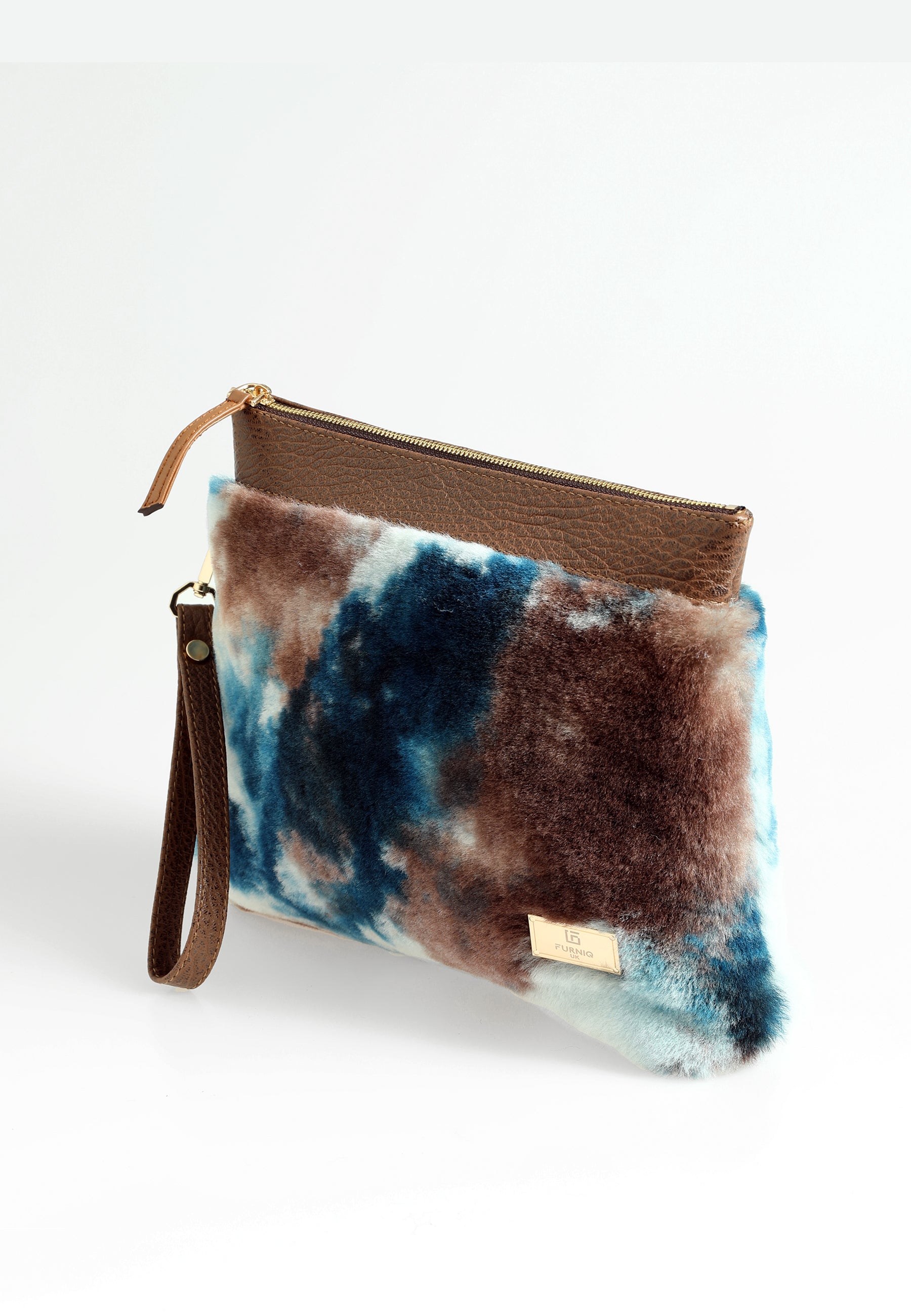 Women's Shearling Clutch Bag, Brown with Blue Multicolor Wool