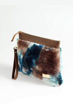 Image of Women's Shearling Clutch Bag, Brown with Blue Multicolor Wool