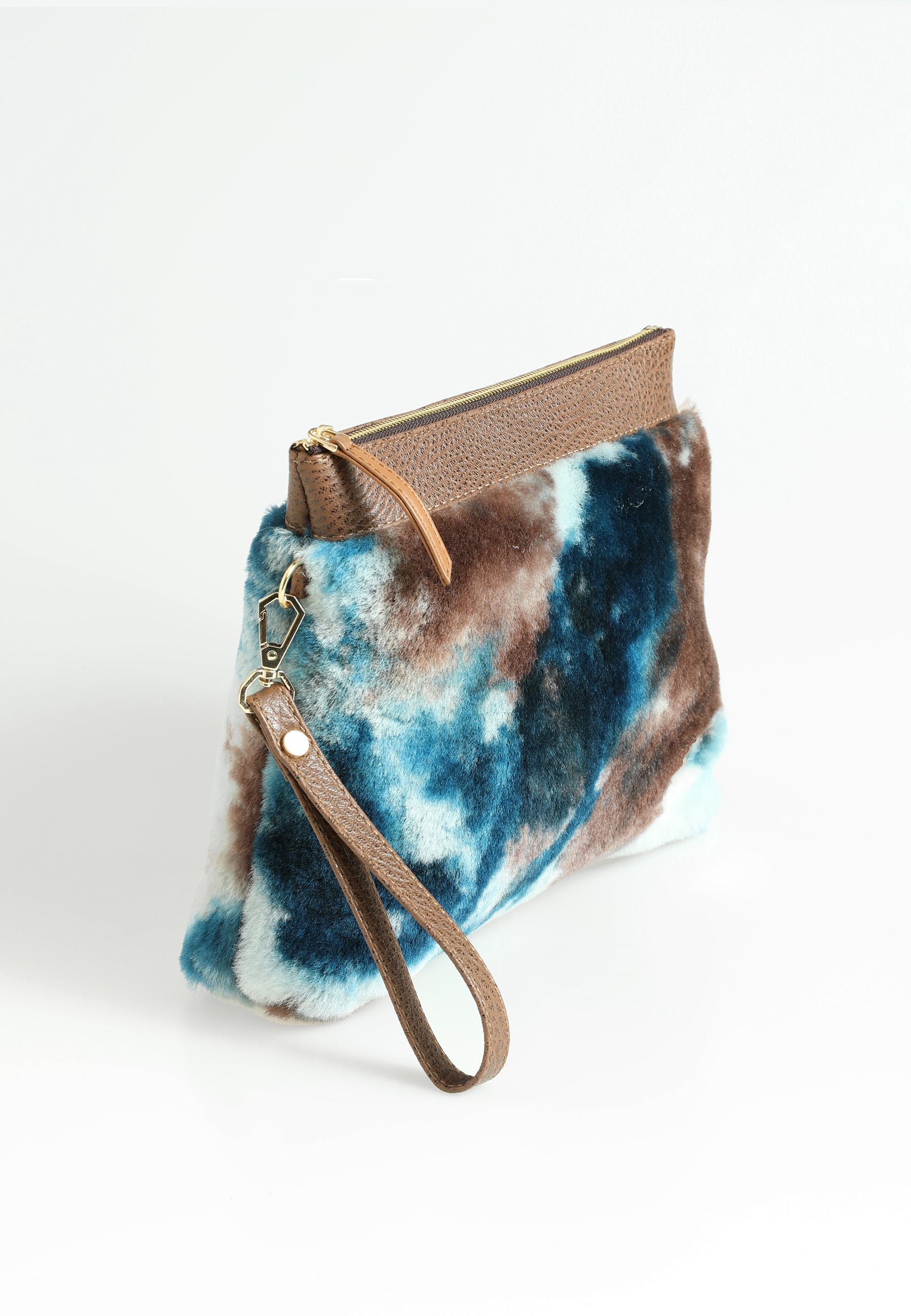 Women's Shearling Clutch Bag, Brown with Blue Multicolor Wool