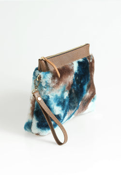 Image of Women's Shearling Clutch Bag, Brown with Blue Multicolor Wool