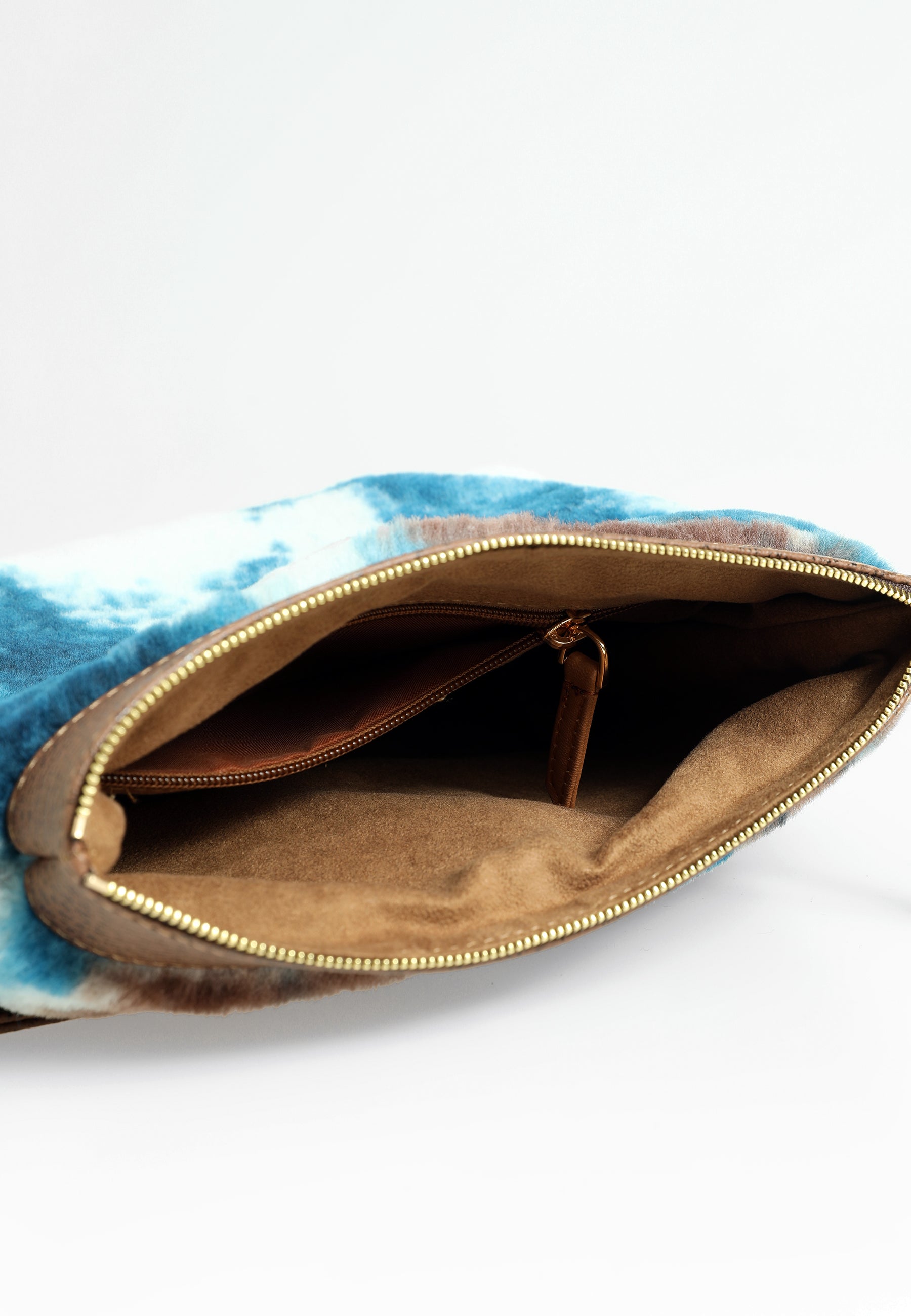 Women's Shearling Clutch Bag, Brown with Blue Multicolor Wool