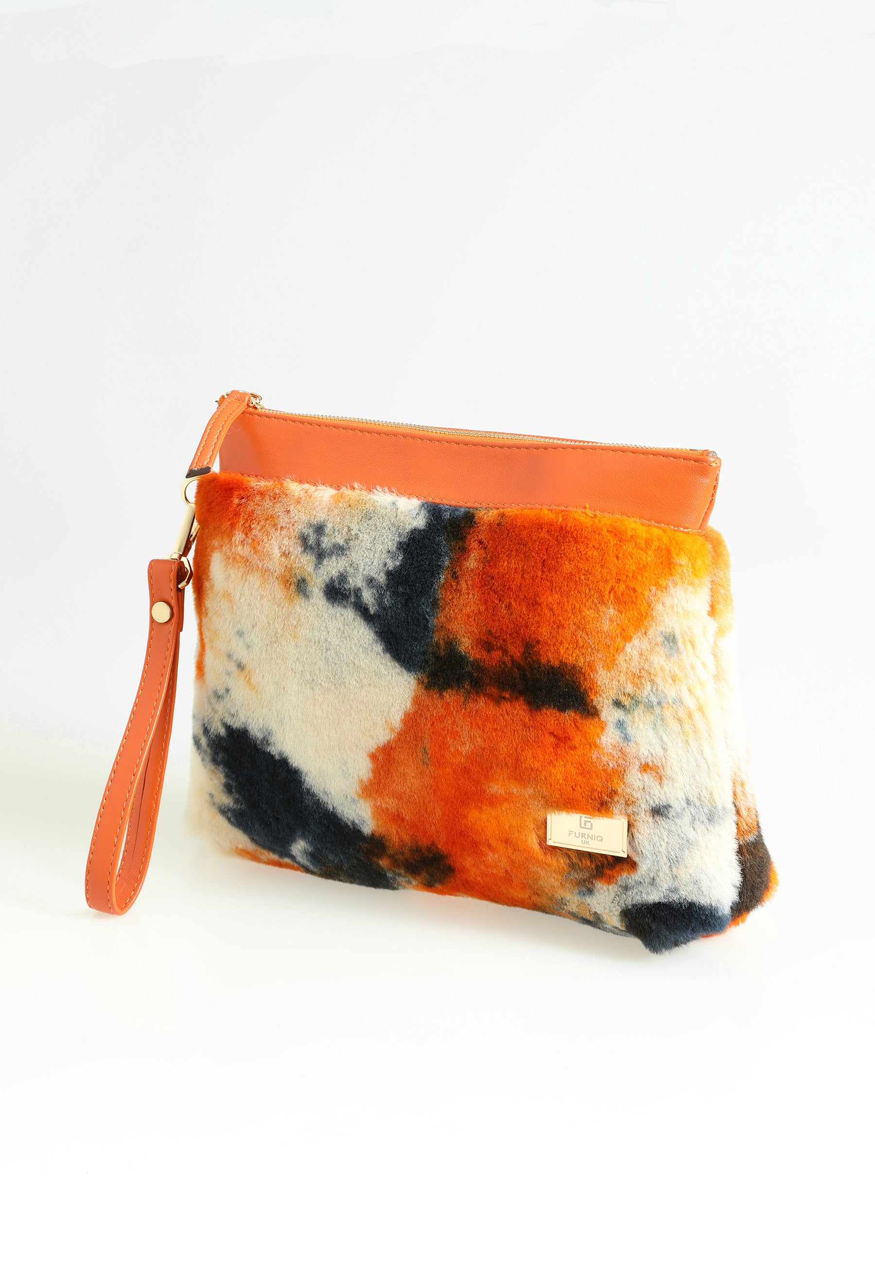 Women's Shearling Clutch Bag, Orange Multicolor Wool