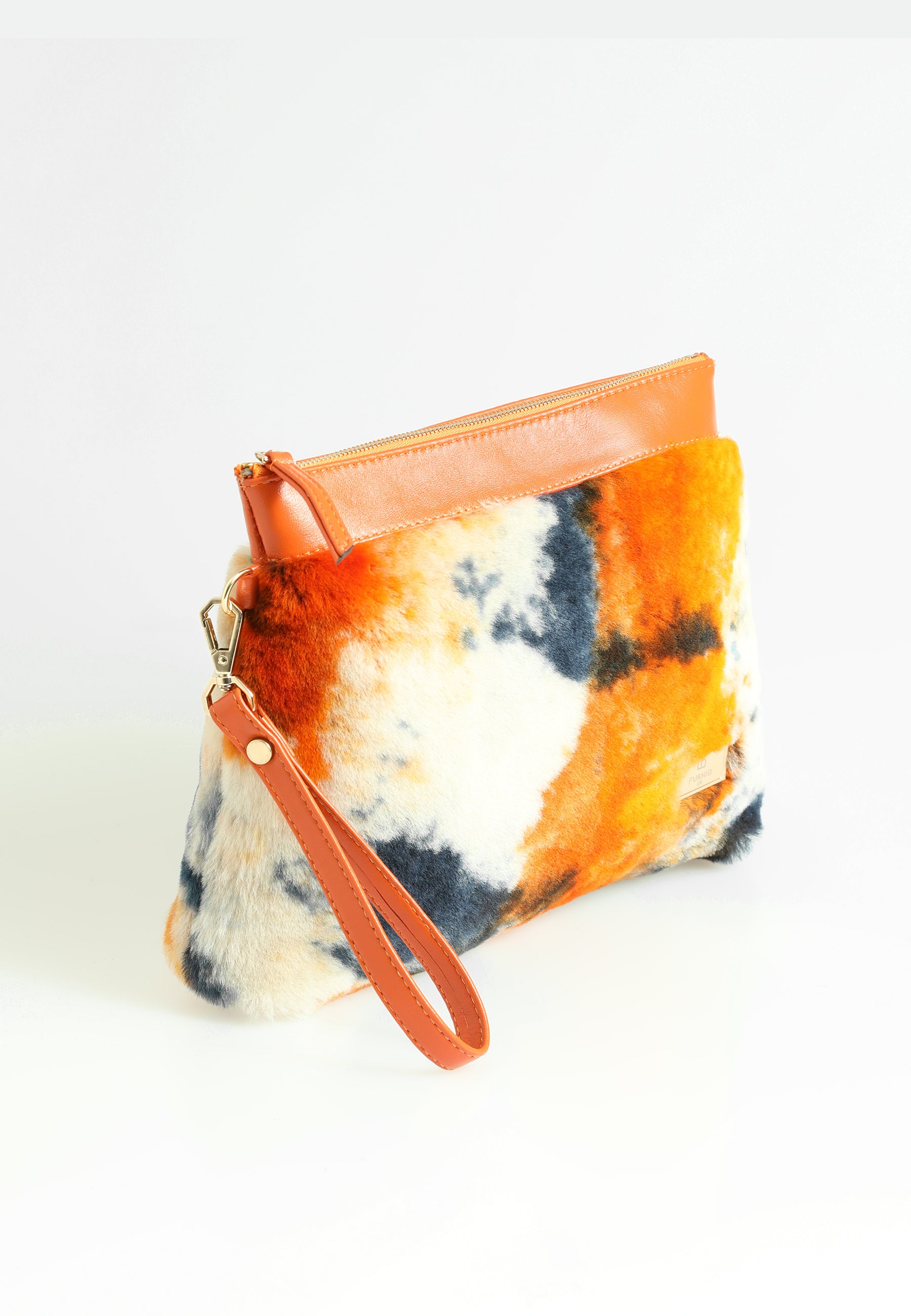 Women's Shearling Clutch Bag, Orange Multicolor Wool