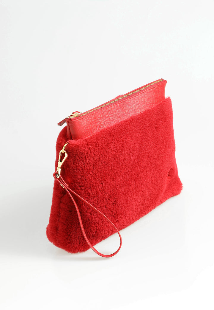 Women's Shearling Clutch Bag, Red Wool