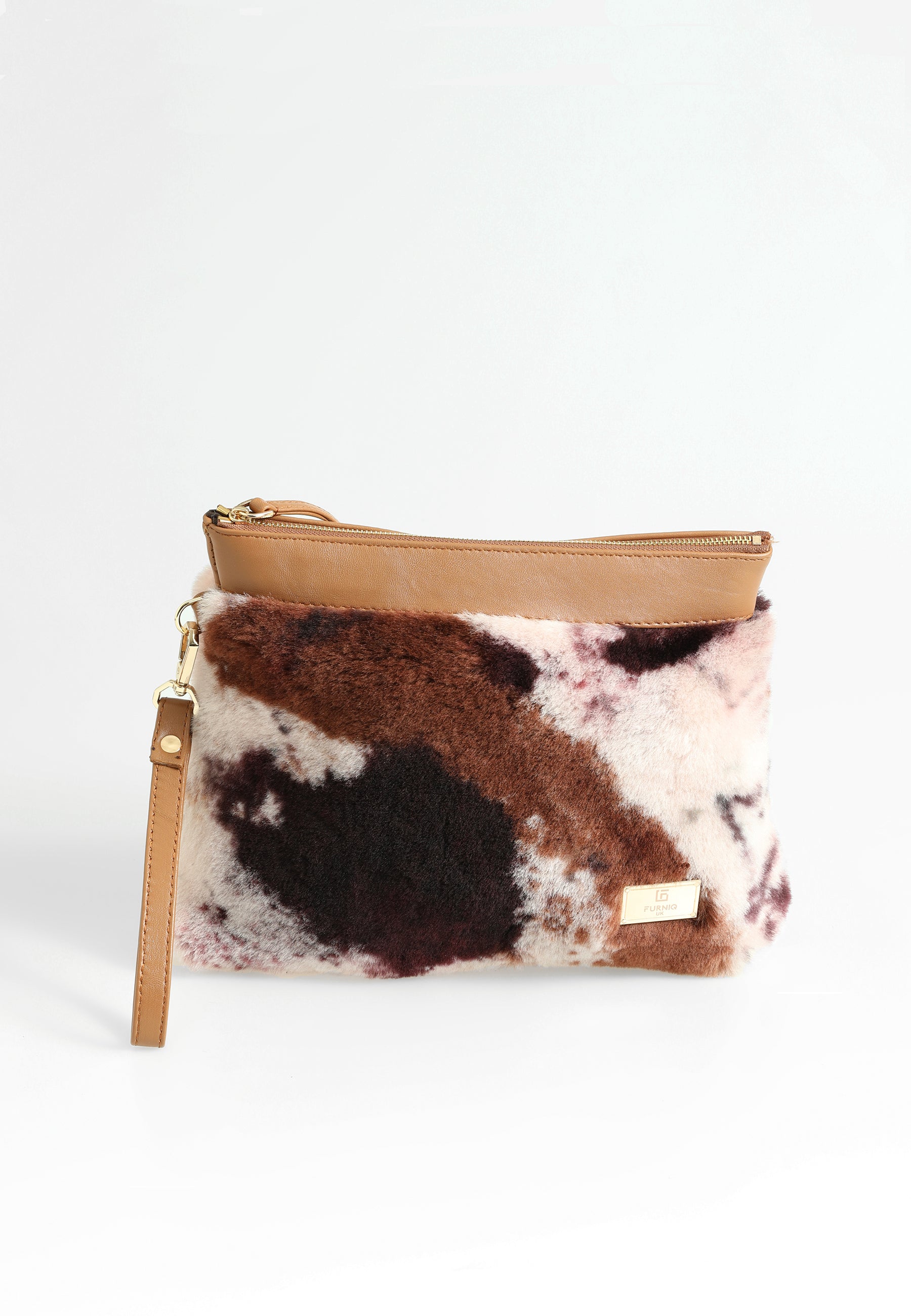 Women's Shearling Clutch Bag, Tan with Brown Multicolor Wool