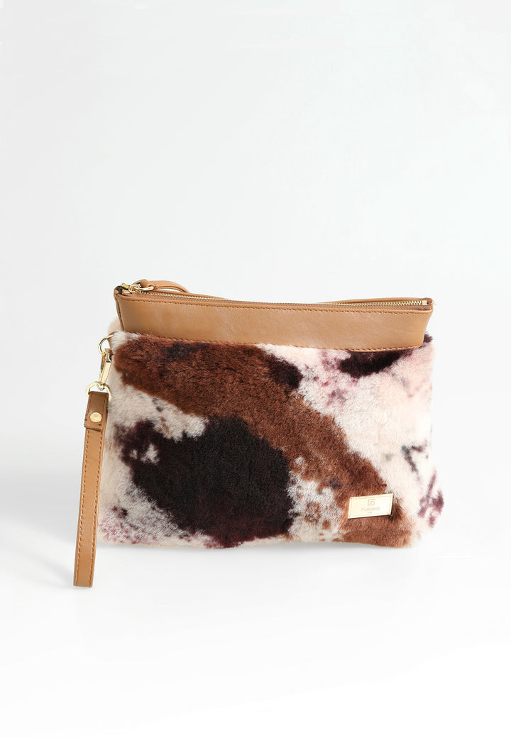 Women's Shearling Clutch Bag, Tan with Brown Multicolor Wool