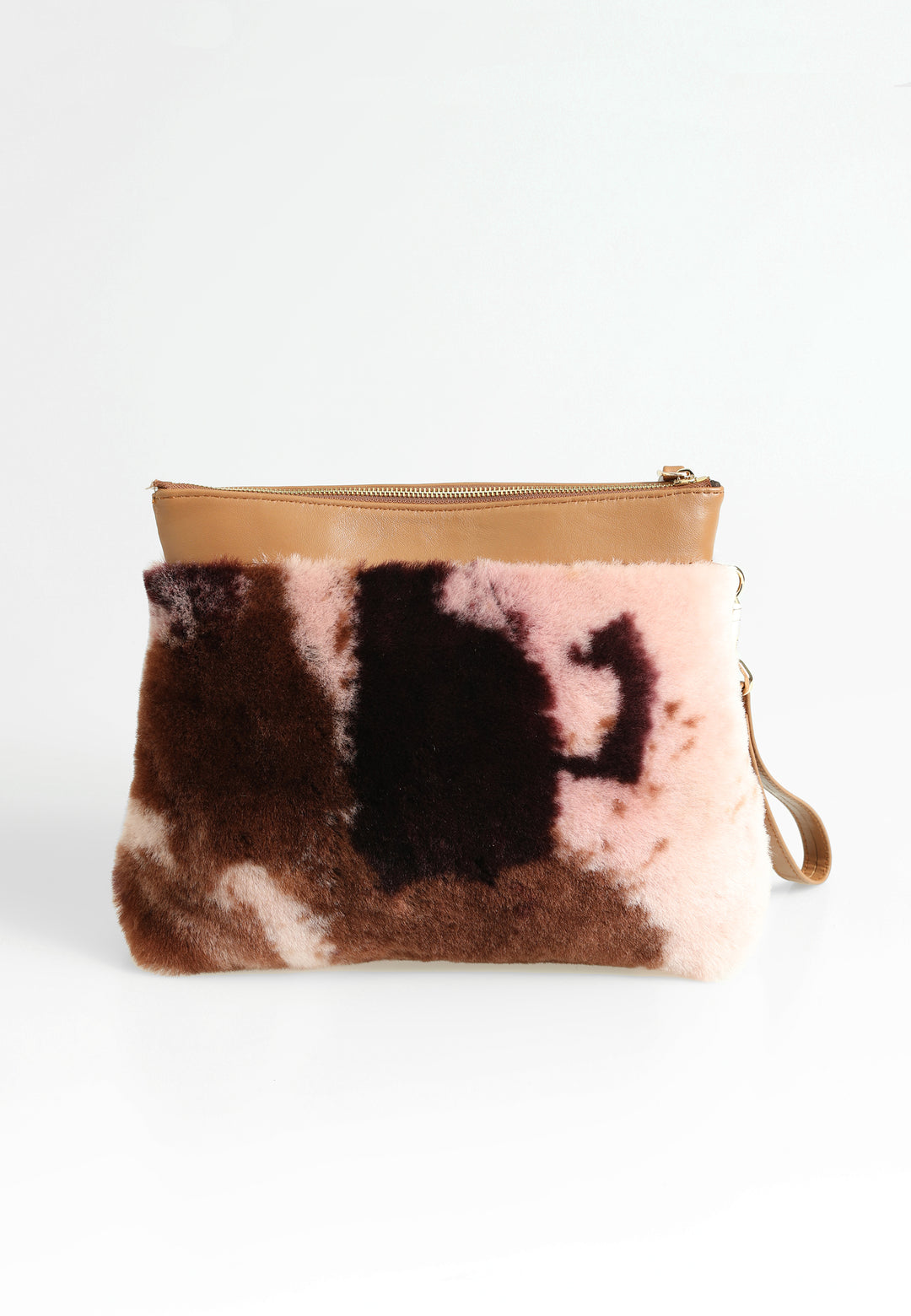 Women's Shearling Clutch Bag, Tan with Brown Multicolor Wool