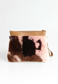 Image of Women's Shearling Clutch Bag, Tan with Brown Multicolor Wool