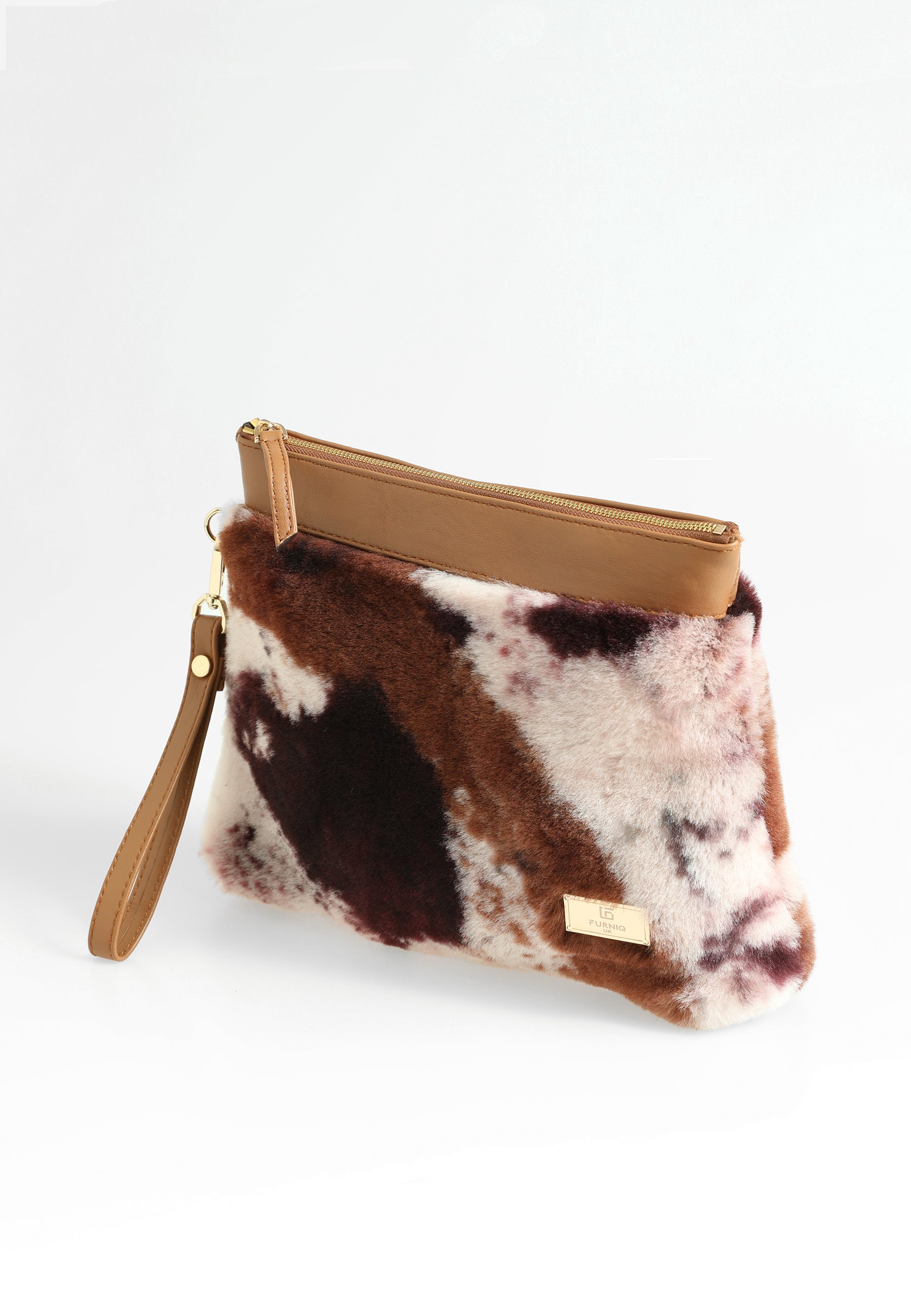 Women's Shearling Clutch Bag, Tan with Brown Multicolor Wool