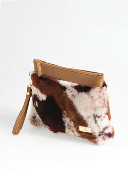 Image of Women's Shearling Clutch Bag, Tan with Brown Multicolor Wool