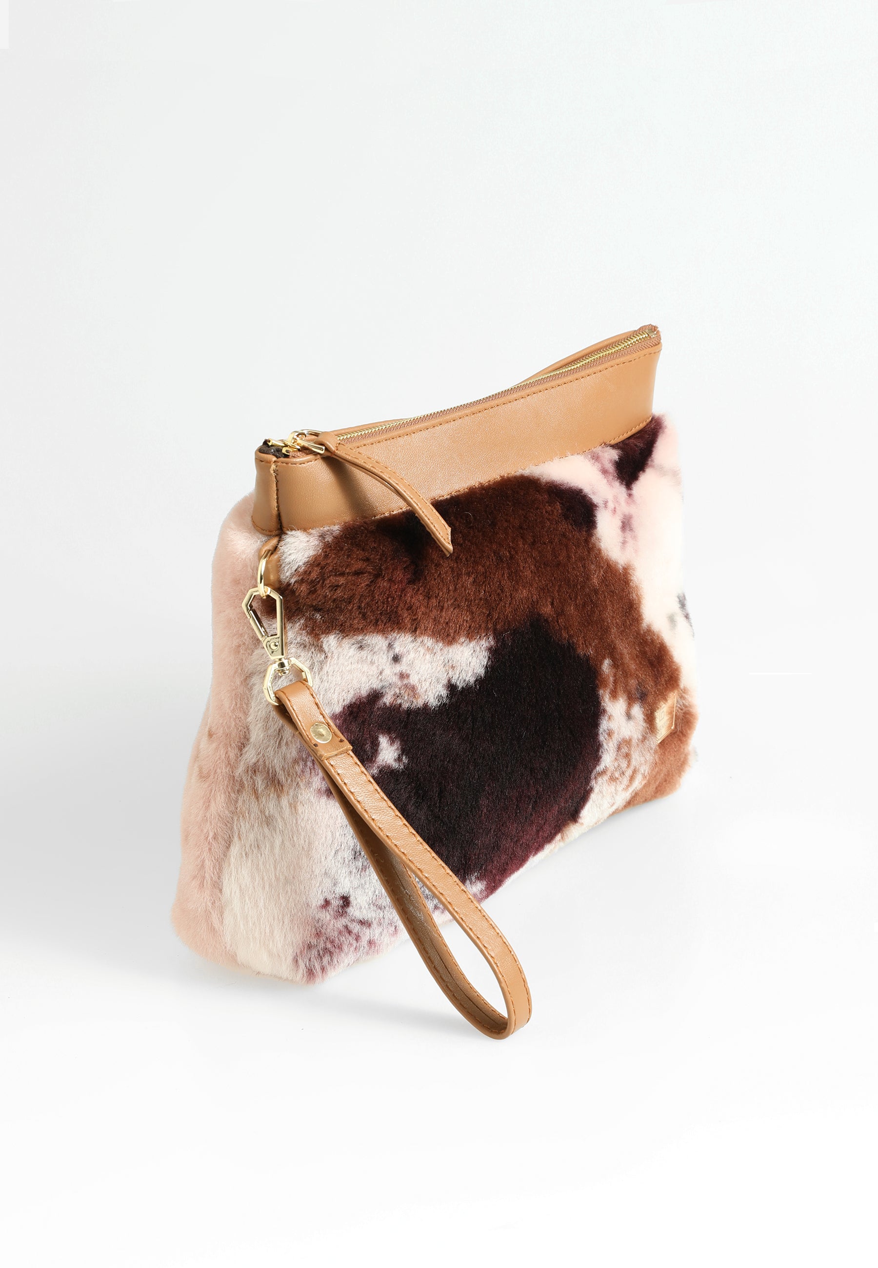 Women's Shearling Clutch Bag, Tan with Brown Multicolor Wool