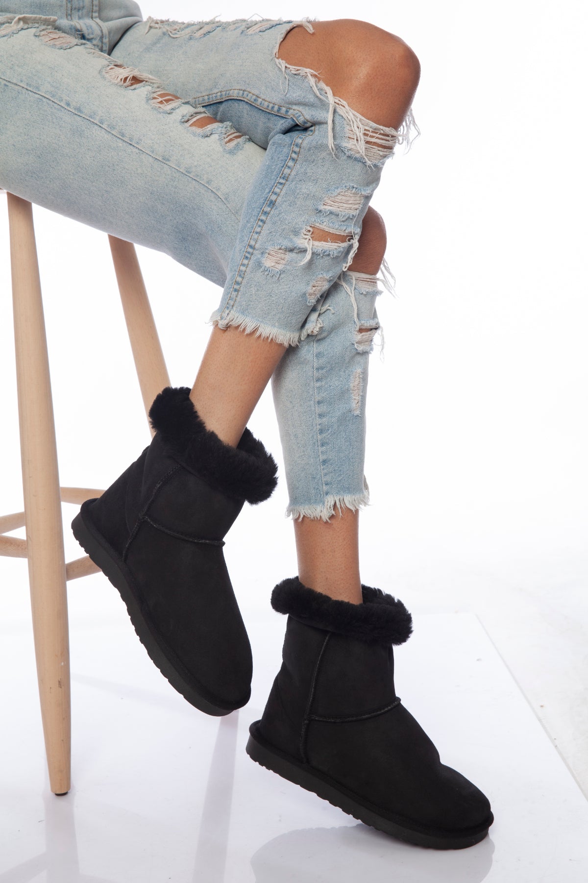 Women's Sheepskin Short Boots, Black Suede with Black Wool