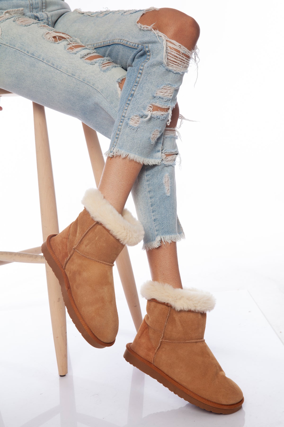 Women's Sheepskin Short Boots, Tan Suede with White Wool