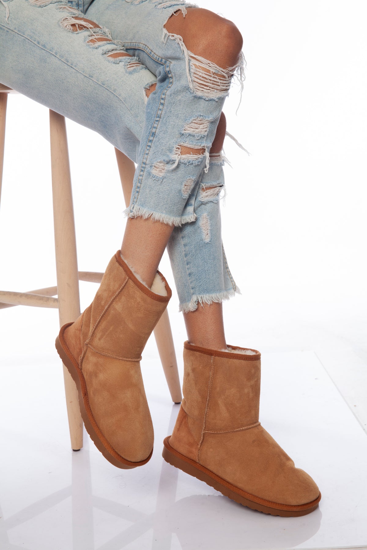 Women's Sheepskin Short Boots, Tan Suede with White Wool