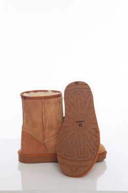 Image of Women's Sheepskin Short Boots, Tan Suede with White Wool