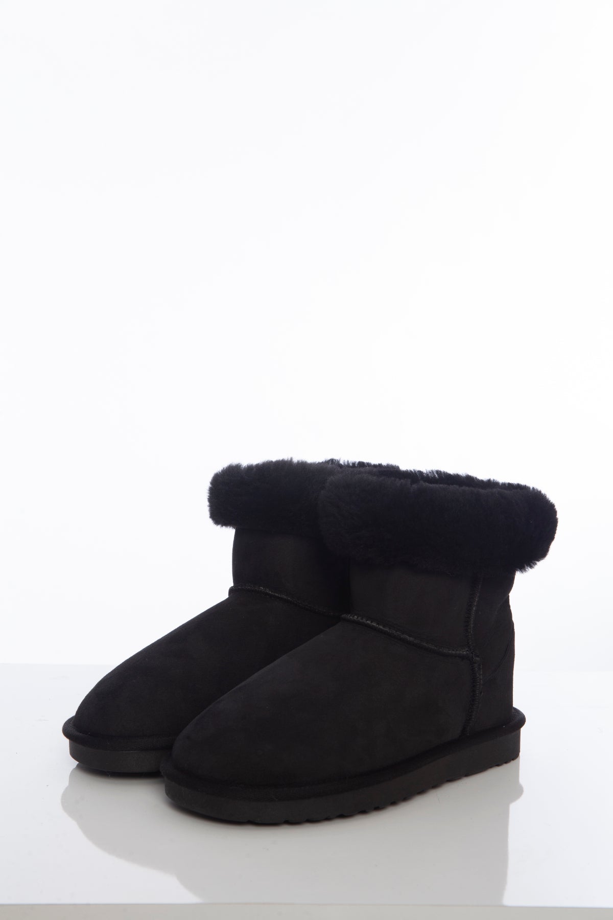 Women's Sheepskin Short Boots, Black Suede with Black Wool