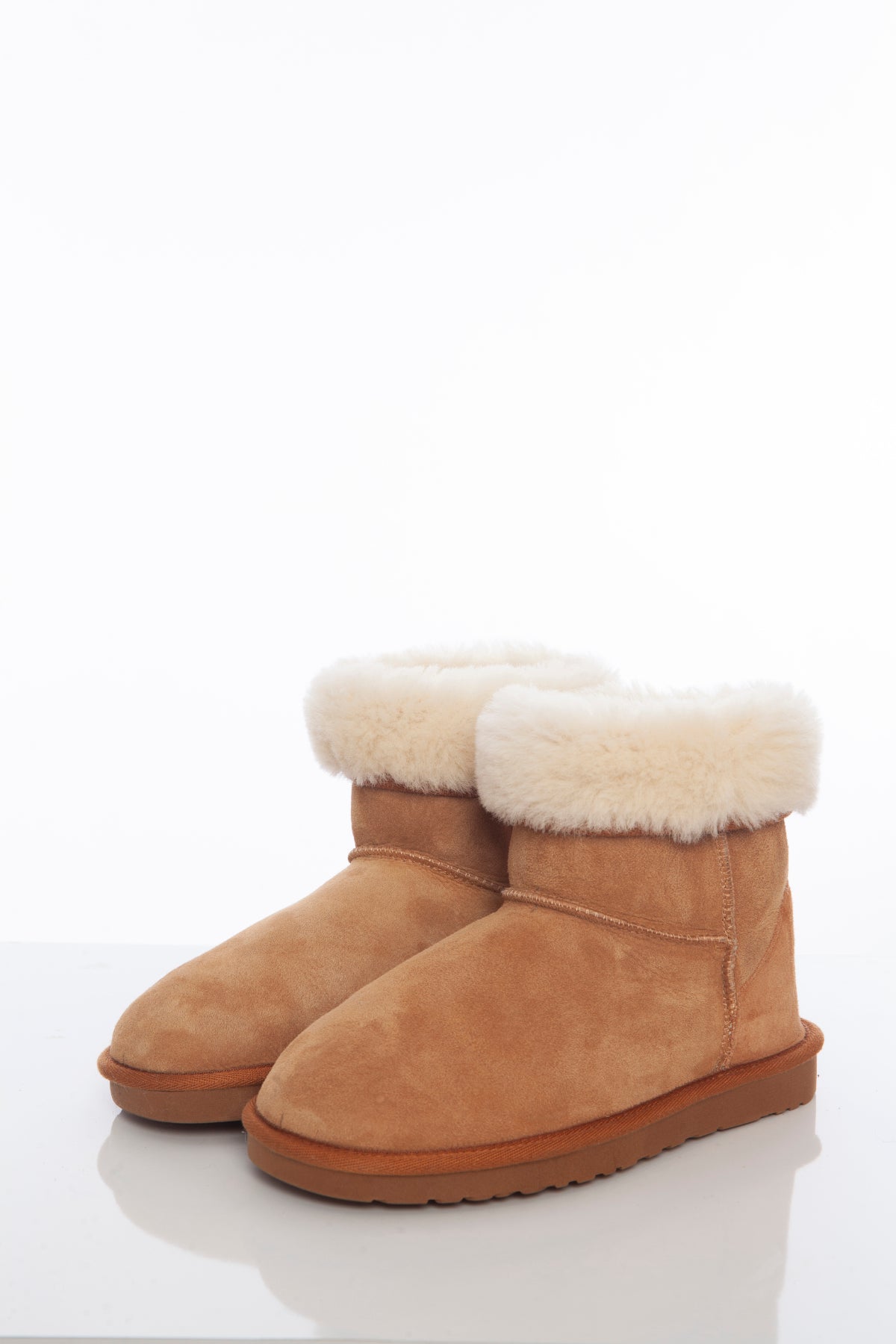 Women's Sheepskin Short Boots, Tan Suede with White Wool