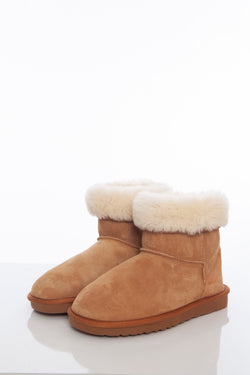 Image of Women's Sheepskin Short Boots, Tan Suede with White Wool