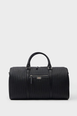 Image of Genuine Leather Duffle Bag, Travel Bag, Weave Pattern Black