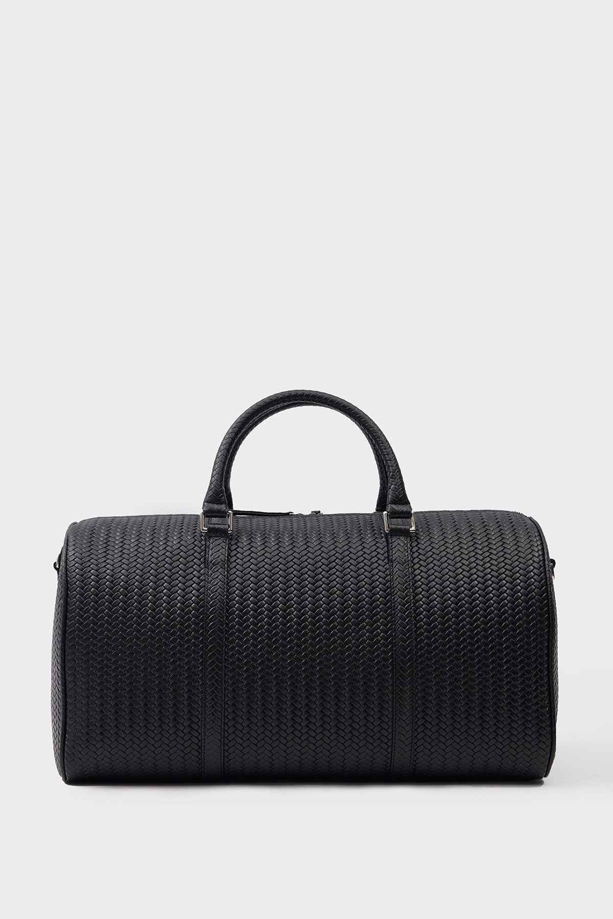 Genuine Leather Duffle Bag, Travel Bag, Weave Pattern Black