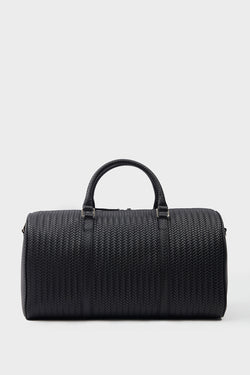 Image of Genuine Leather Duffle Bag, Travel Bag, Weave Pattern Black