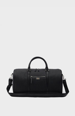 Image of Genuine Leather Duffle Bag, Travel Bag, Weave Pattern Black