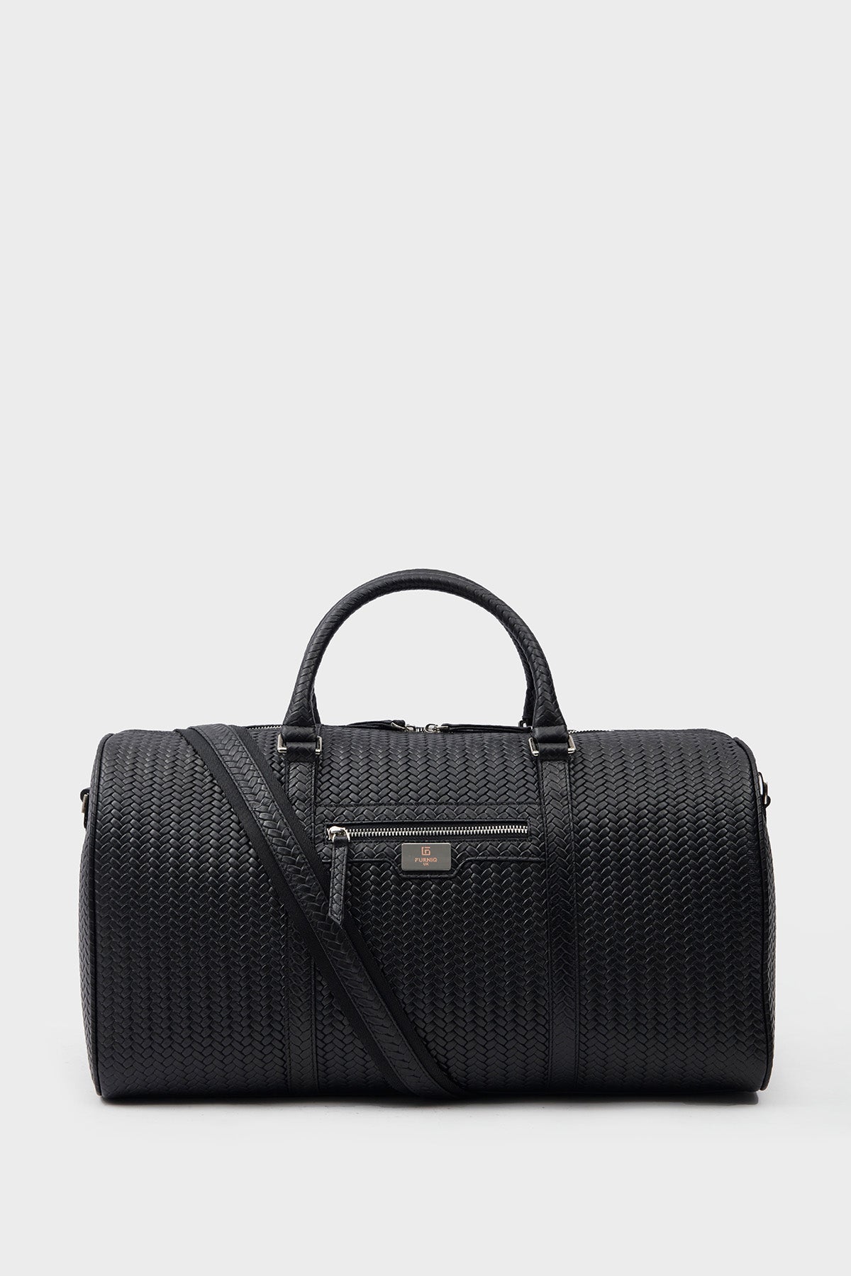 Genuine Leather Duffle Bag, Travel Bag, Weave Pattern Black